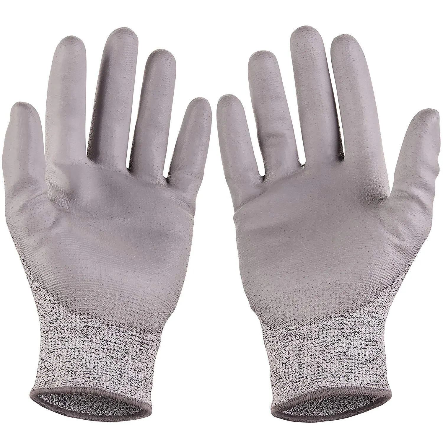 PU-Coated Cut-Resistant Work Gloves: A Precision-Handling Buyer’s Checklist Two grey PU-palm-coated knit work gloves shown palm-up on a white background